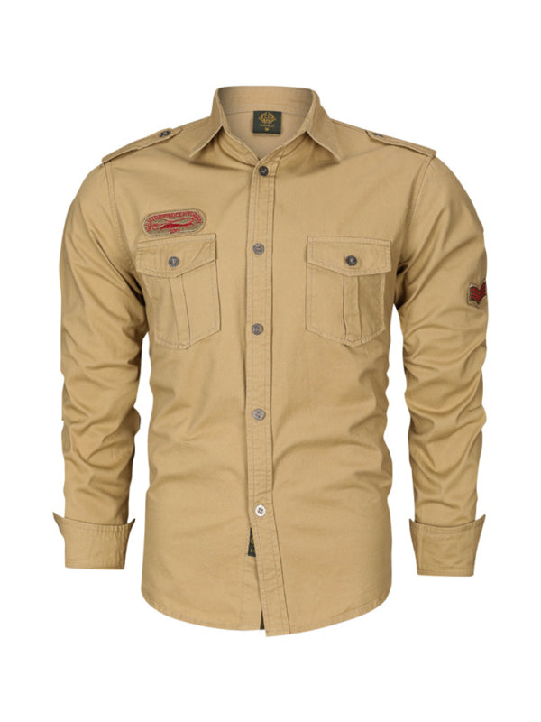 men’s military style cotton long sleeve shirt - Khaki / M