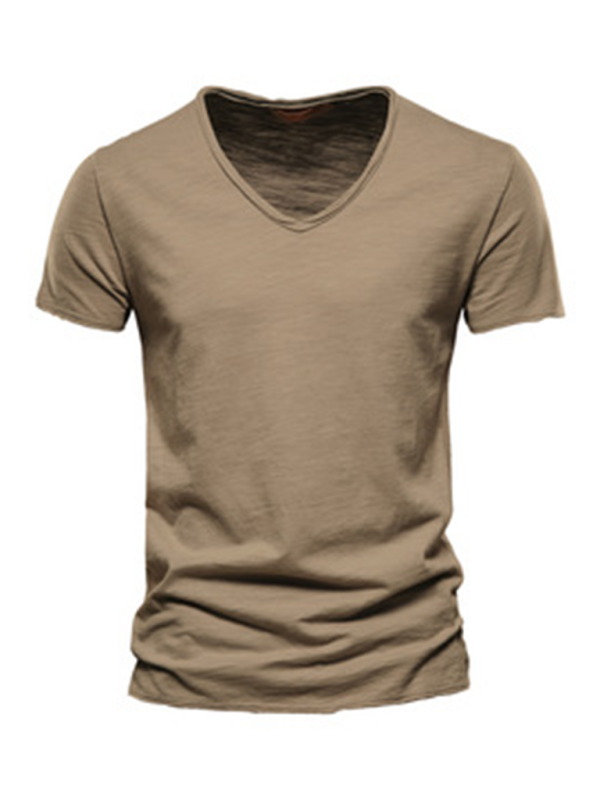 Men’s New Solid Color Slub Cotton V-Neck Short Sleeve T-Shirt - Camel / S