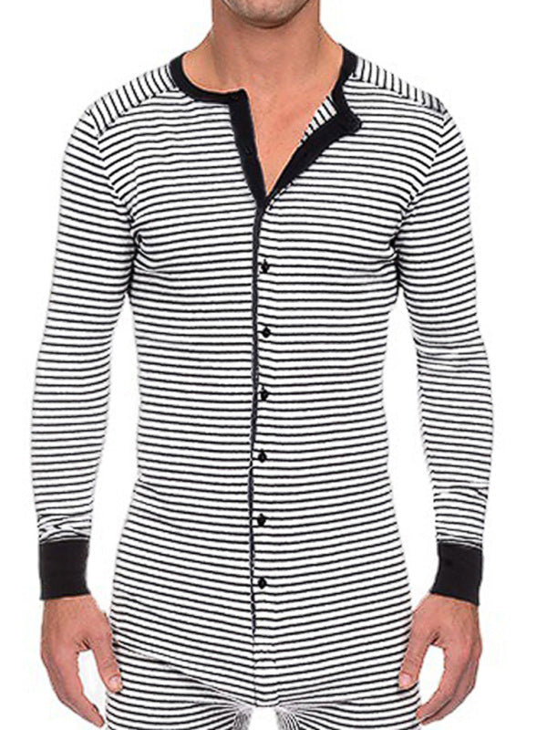 Men’s Slim Striped Print Crew Neck Button Long Sleeve Trousers One Piece Pajama