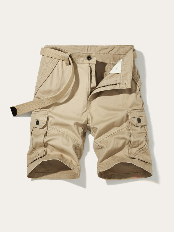 Men’s Solid Color Casual Multi-Pocket Cargo Shorts（Without Belt） - Khaki / 30