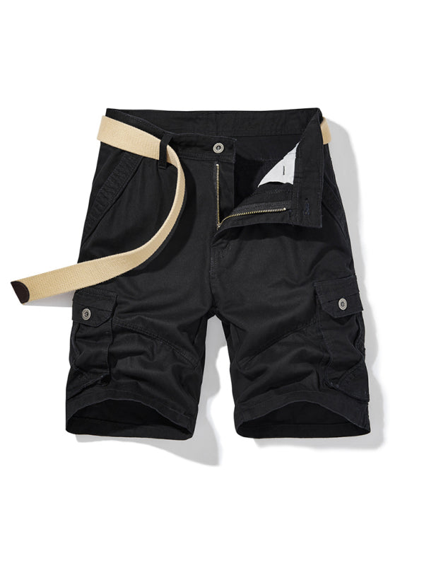 Men’s Solid Color Casual Multi-Pocket Cargo Shorts（Without Belt） - Black / 30