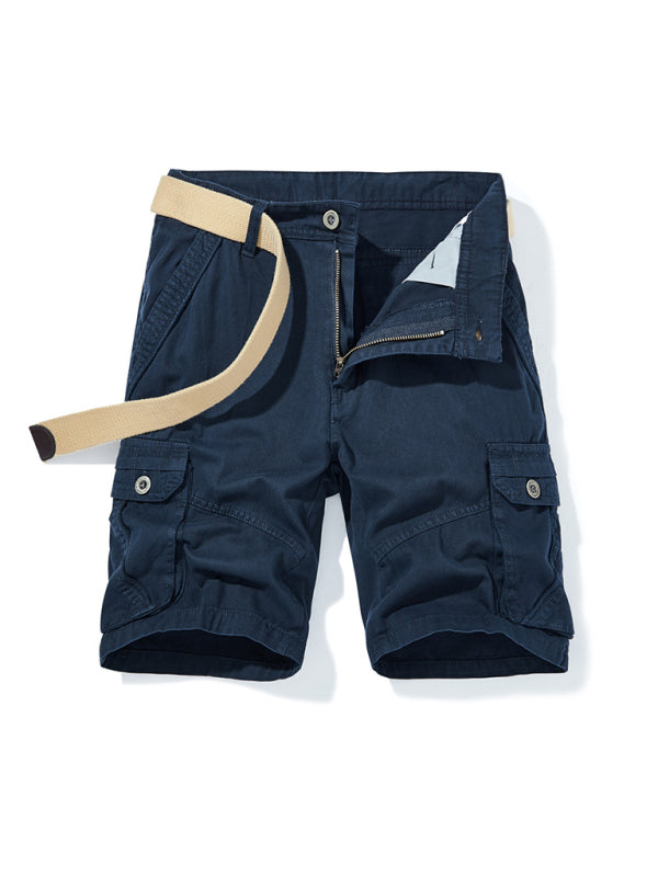 Men’s Solid Color Casual Multi-Pocket Cargo Shorts（Without Belt） - Purplish blue navy / 30