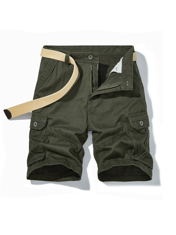 Men’s Solid Color Casual Multi-Pocket Cargo Shorts（Without Belt） - Olive green / 30