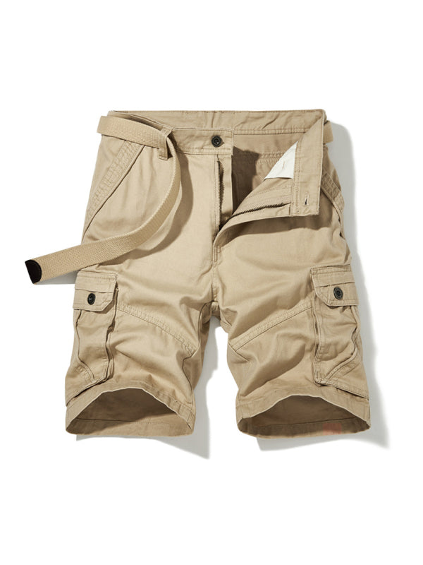 Men’s Solid Color Casual Multi-Pocket Cargo Shorts（Without Belt）