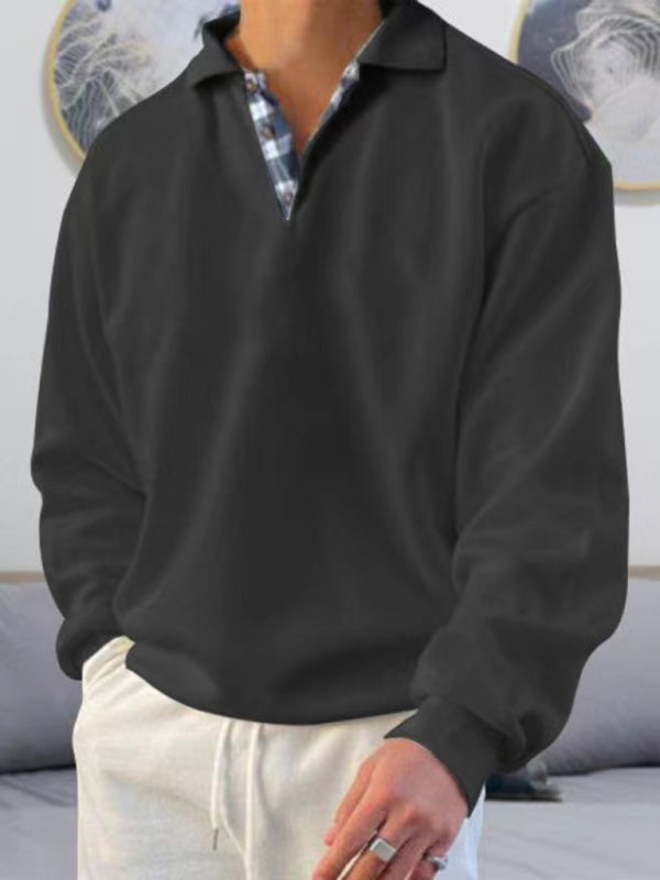 Men’s solid color lapel loose long-sleeved POLO shirt - Black / S