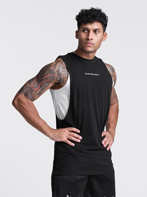 Men’s sports trendy brand loose big slit solid color sleeveless quick-drying vest