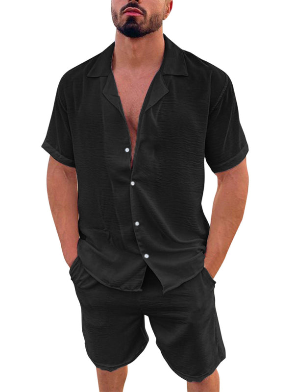 Men’s Summer Lapel Cotton Linen Solid Color Short Sleeve Shorts Set