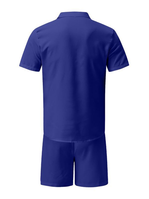 Men’s Summer Lapel Cotton Linen Solid Color Short Sleeve Shorts Set