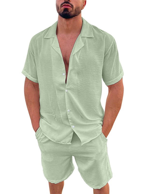 Men’s Summer Lapel Cotton Linen Solid Color Short Sleeve Shorts Set