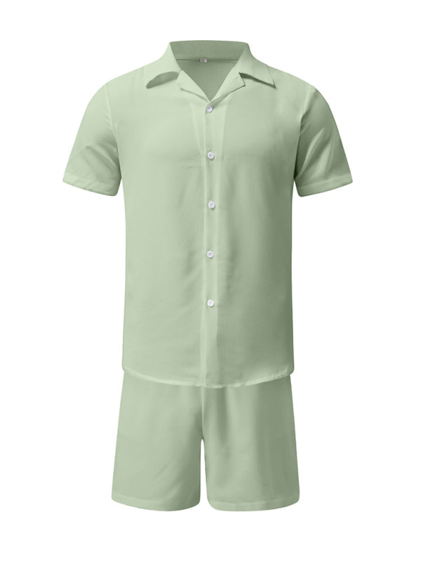 Men’s Summer Lapel Cotton Linen Solid Color Short Sleeve Shorts Set