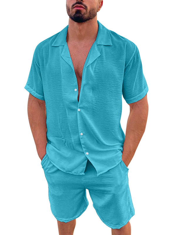 Men’s Summer Lapel Cotton Linen Solid Color Short Sleeve Shorts Set