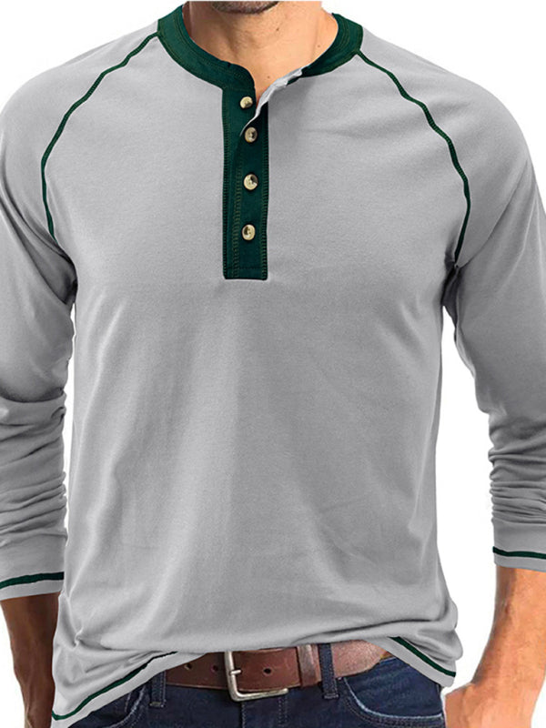 Men’s T-Shirt Solid Color Button Colorblock Long Sleeve Top