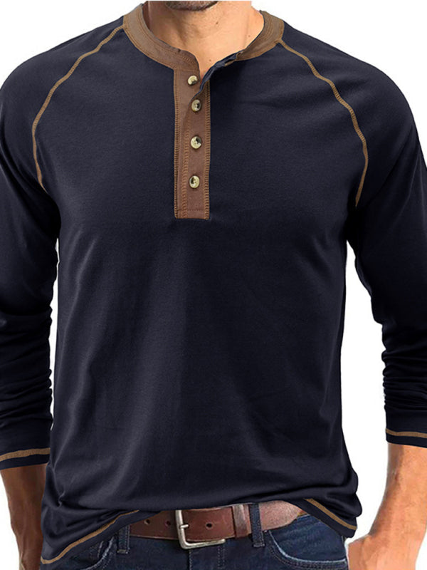 Men’s T-Shirt Solid Color Button Colorblock Long Sleeve Top