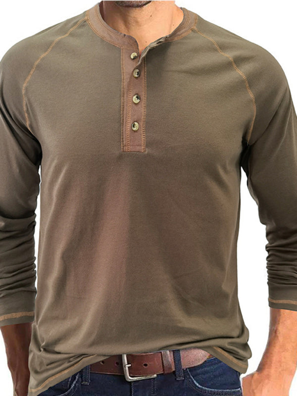 Men’s T-Shirt Solid Color Button Colorblock Long Sleeve Top