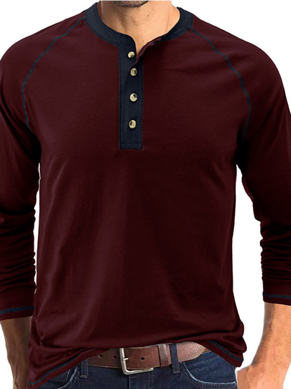 Men’s T-Shirt Solid Color Button Colorblock Long Sleeve Top