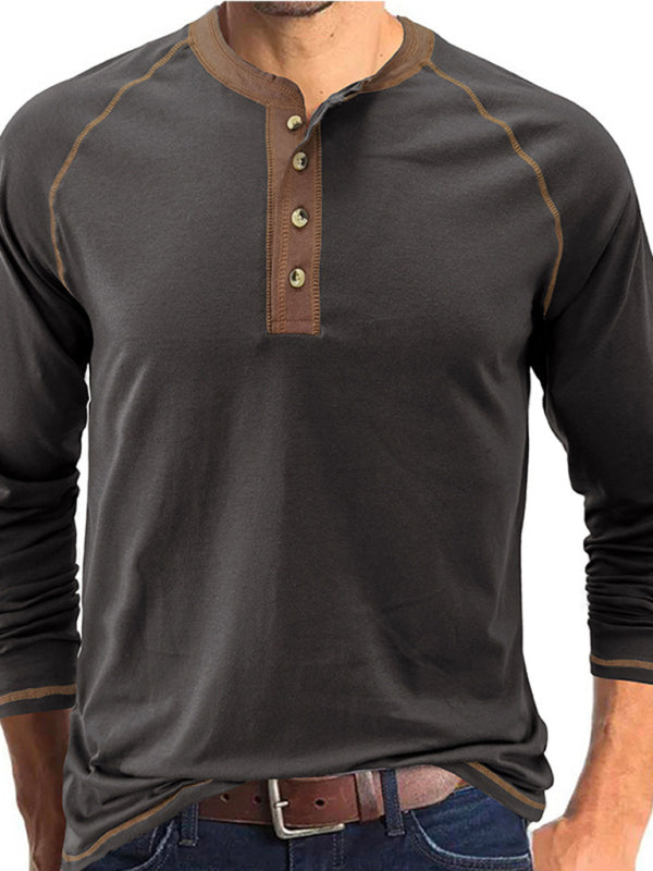 Men’s T-Shirt Solid Color Button Colorblock Long Sleeve Top