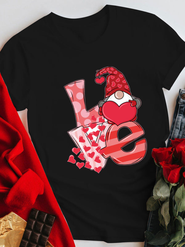 Mother’s Day Valentine’s Day plus size couple love LOVE romantic print short-sleeved T-shirt - Black / S