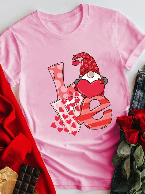 Mother’s Day Valentine’s Day plus size couple love LOVE romantic print short-sleeved T-shirt - Pink / S