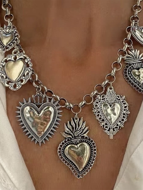 Multiple Sacred Heart Pendant Necklace Silver Chain Personalized Design Female Jewelry - Silver / FREESIZE