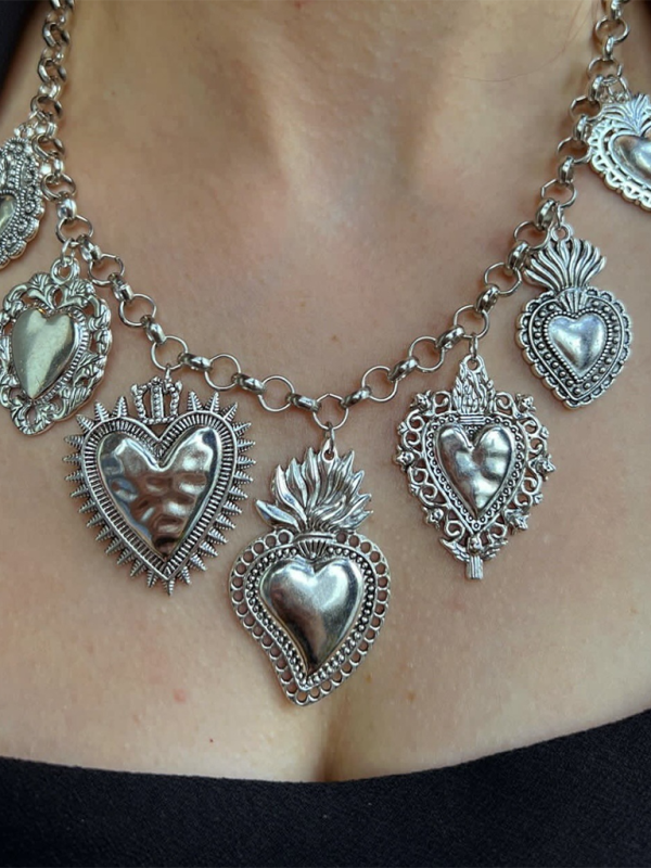 Multiple Sacred Heart Pendant Necklace Silver Chain Personalized Design Female Jewelry - Silver / FREESIZE