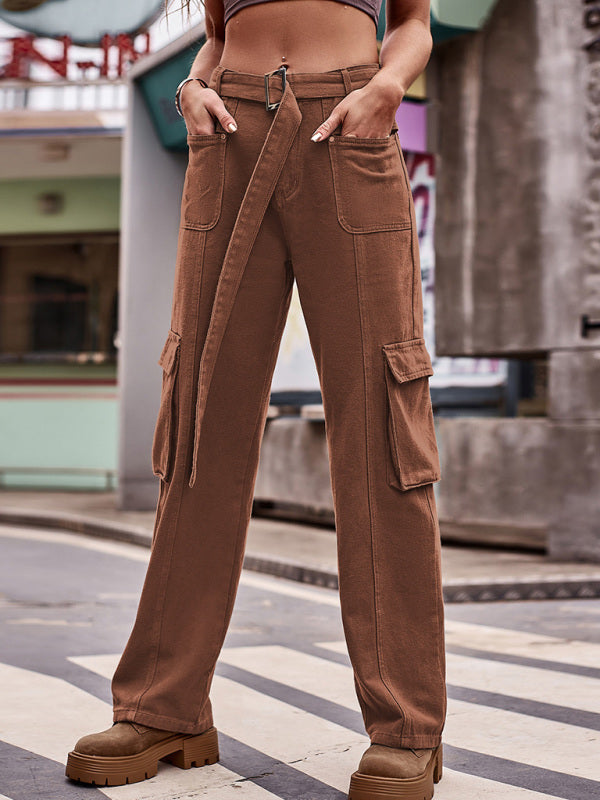New American hip-hop denim overalls casual trousers - Brown / S