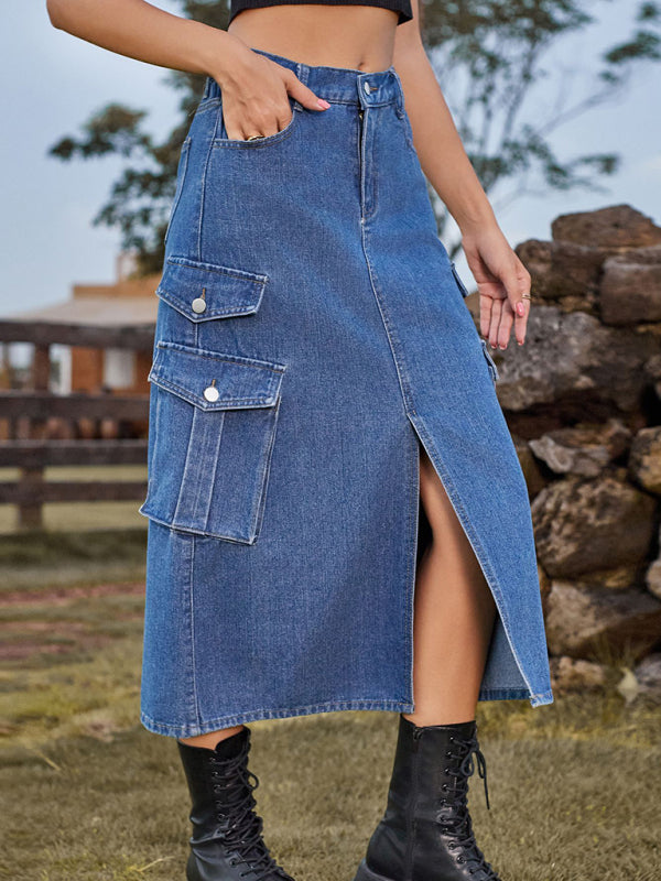 New American Spice Girl Elastic Waist Denim Workwear Casual Mid Length Skirt Skirt - Blue / S