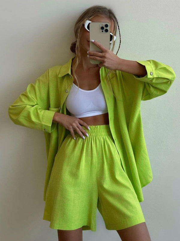 New Arrival Solid Color Single Breasted Long Sleeve Lapel Shirt Shorts Loose Suit - Green / S