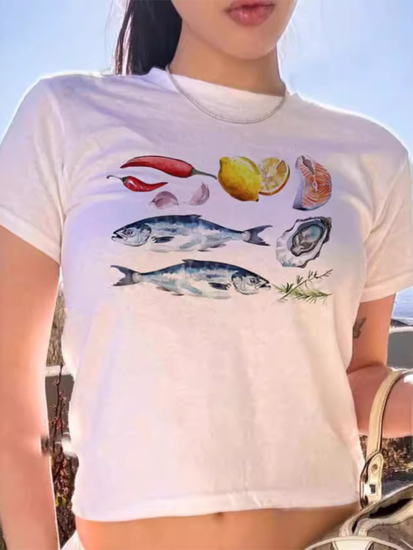 New Arrivals Women’s New Street Fashion Round Neck T-shirt Letter Printed Navel Short Sleeve - Pattern10 / S
