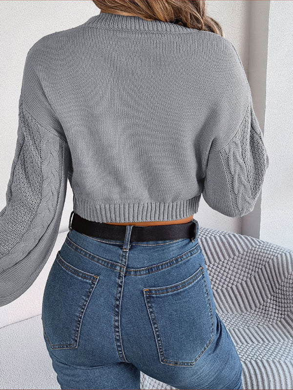 New autumn and winter casual solid color twist long-sleeved pullover navel-baring sweater