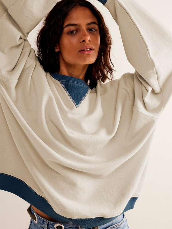 Oversized two-tone solid color round neck sweatshirt for autumn and winter fashion