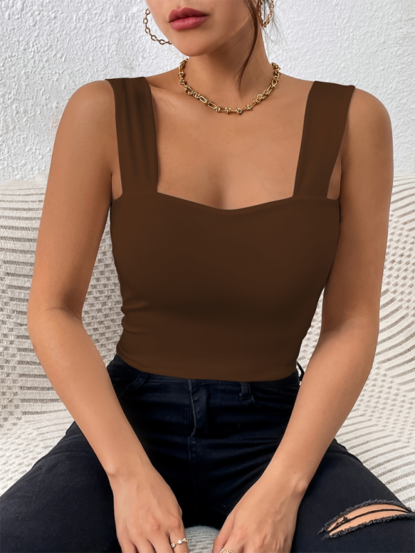 New camisole wide shoulder strap sexy slim hot girl sleeveless top - Coffee / XS