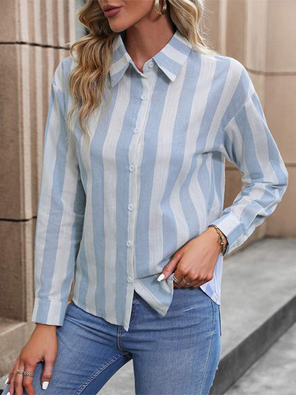 New cardigan long-sleeved commuter striped shirt - Blue / S