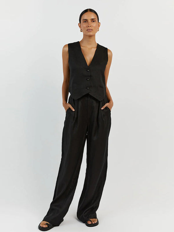 New casual and fashionable sleeveless vest vest and trousers two-piece set - Black / S