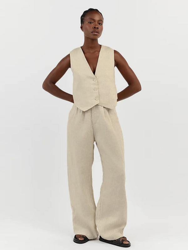 New casual and fashionable sleeveless vest vest and trousers two-piece set - Khaki / S