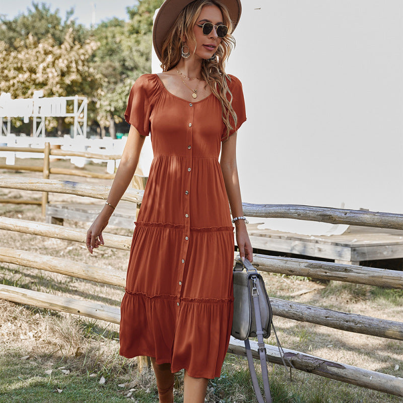 New casual button solid color short-sleeved loose dress - Orange / S