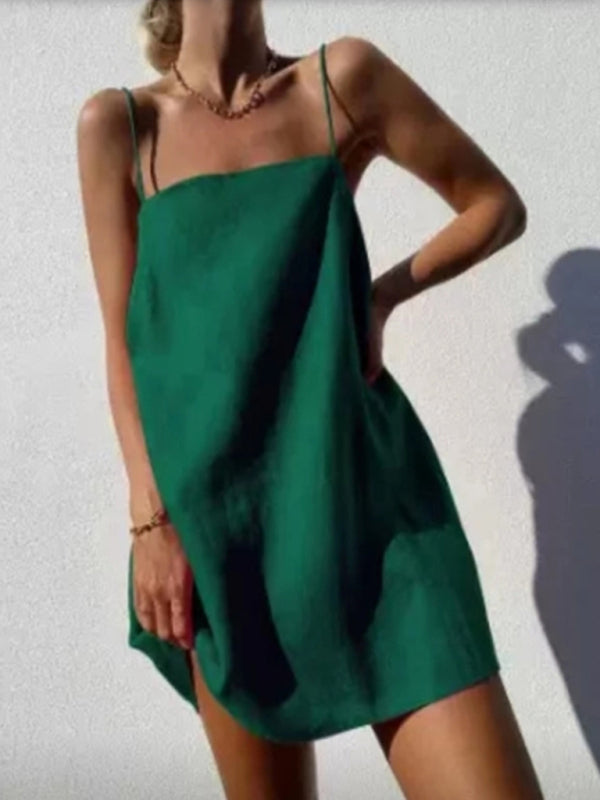 New casual cotton and linen suspender comfortable holiday dress - Green / S