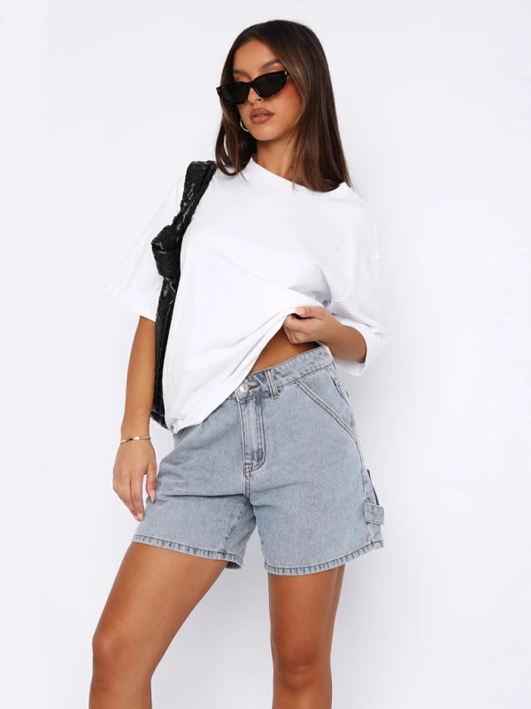 New casual denim straight shorts - Clear blue / S