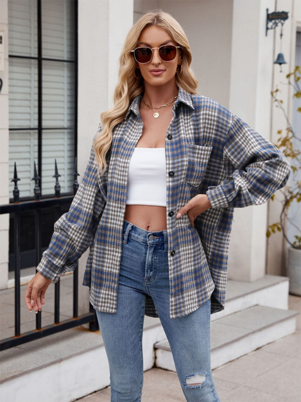 New Casual Fashion Houndstooth Button Flannel Tweed Shirt - Blue / S