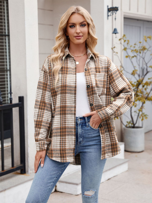 New Casual Fashion Houndstooth Button Flannel Tweed Shirt - caramel / S