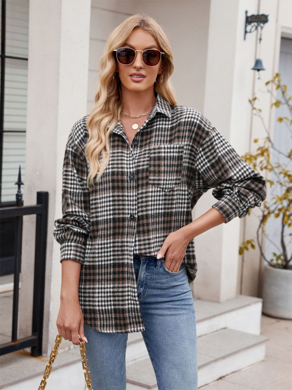 New Casual Fashion Houndstooth Button Flannel Tweed Shirt - Dark Brown / S