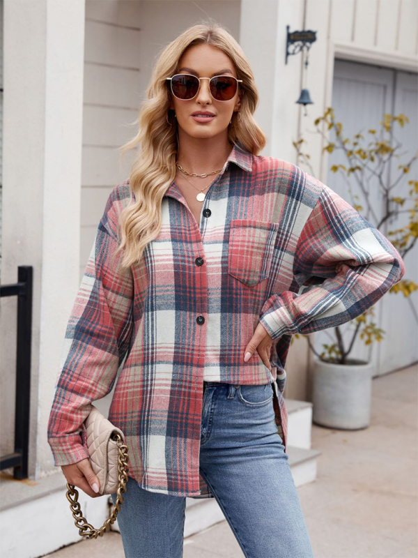 New Casual Fashion Houndstooth Button Flannel Tweed Shirt - Pink / S
