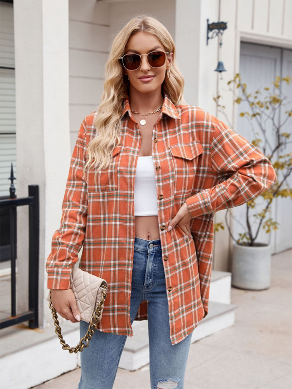New Casual Fashion Loose Plaid Pocket Shirt - Orange / S