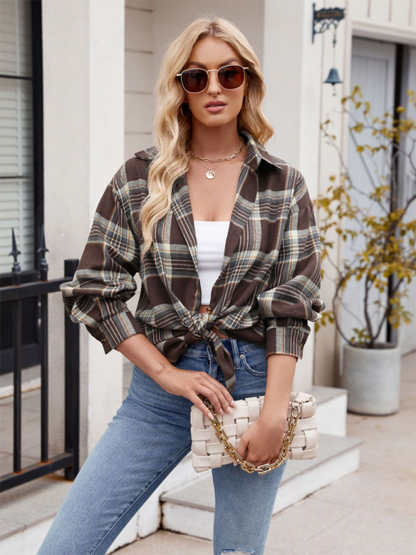New casual fashion street loose plaid shirt - Dark Brown / S
