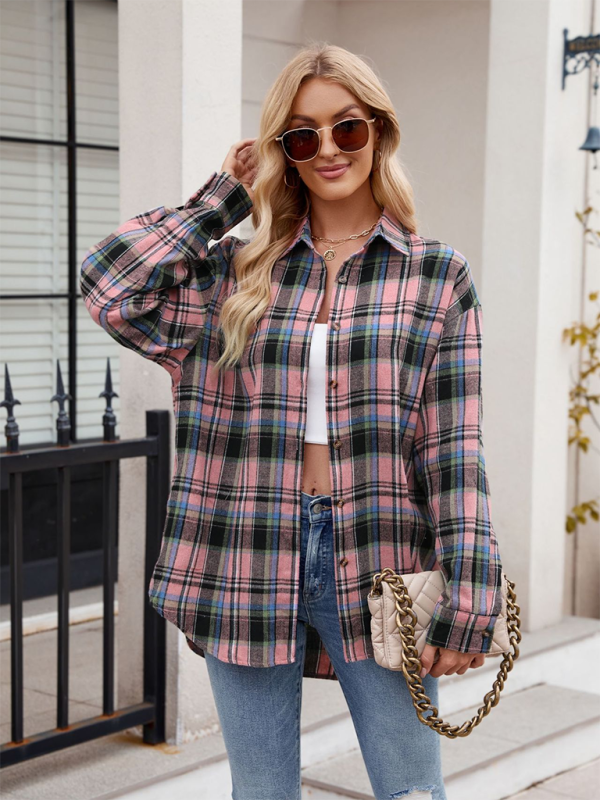 New casual fashion street loose plaid shirt - Pink / S