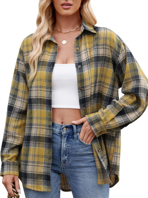 New casual fashion street loose plaid shirt - Yellow / S