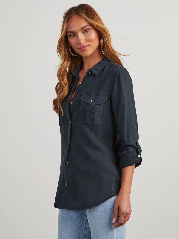 New casual lapel single-breasted women’s long-sleeved denim
