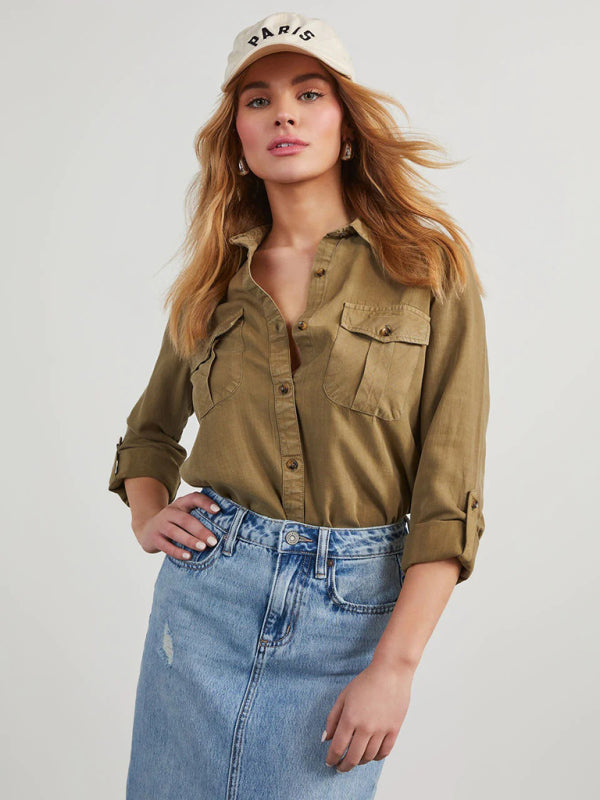 New casual lapel single-breasted women’s long-sleeved denim - Dark Brown / S