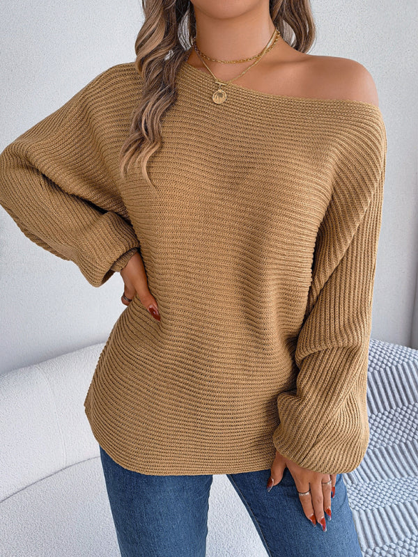 New casual loose solid color bat sleeve pullover sweater - Khaki / S