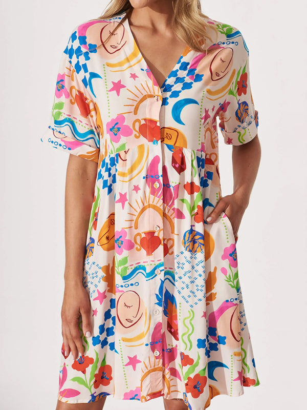 New casual single breasted loose holiday dress - Blue / S