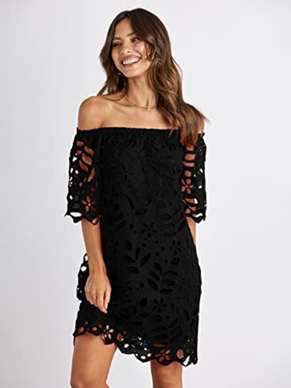 New casual tube top one shoulder hollow dress - Black / S